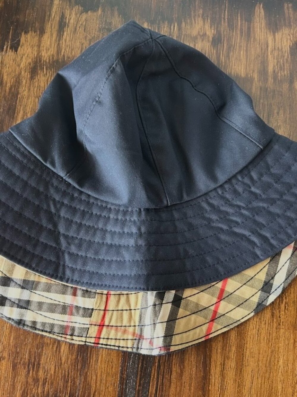 Vintage Burberrys' London Check Brim & Navy Sun Hat, Brim is longer in Back